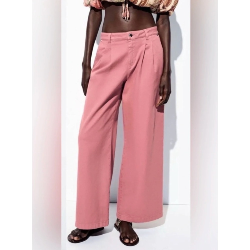 Zara Womens Pleated Wide Leg Jeans Size 8 Pink Office Career Colorful Work